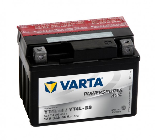Varta Powersports AGM YT4L-4 Motorcycle Battery YT4L-BS 503014003 12V 3Ah 40A
