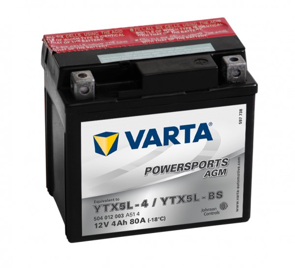 Varta Powersports AGM YTX5L-4 Motorcycle Battery YTX5L-BS 504012003 12V 4Ah 80A